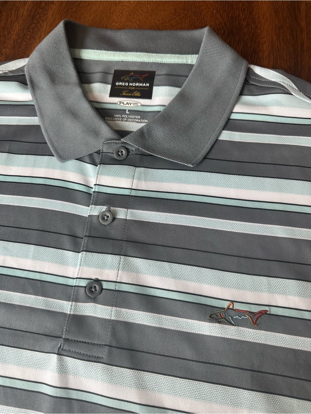 NWT Greg Norman Tasso Elba Play Dry Men's L Gray/White Striped Golf Polo Shark